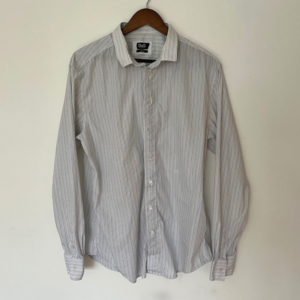 D&G Dolce Gabbana Mens Slim Fit Pinstripe Button Down Shirt Blue White Long Slv